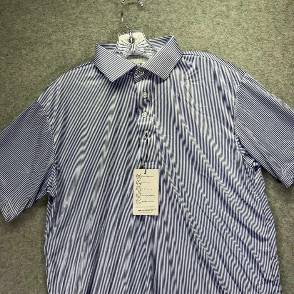 Collars & Co Dress Collar Polo Shirt Mens Large Blue Striped Performance Stretch